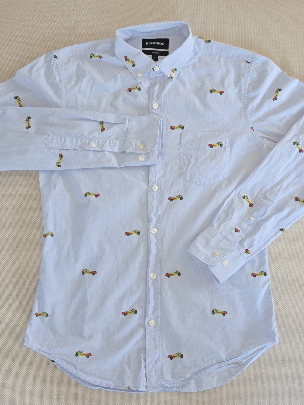 Bonobos Men's SMALL Light Blue Button Down Oxford Dress Shirt RACE CARS